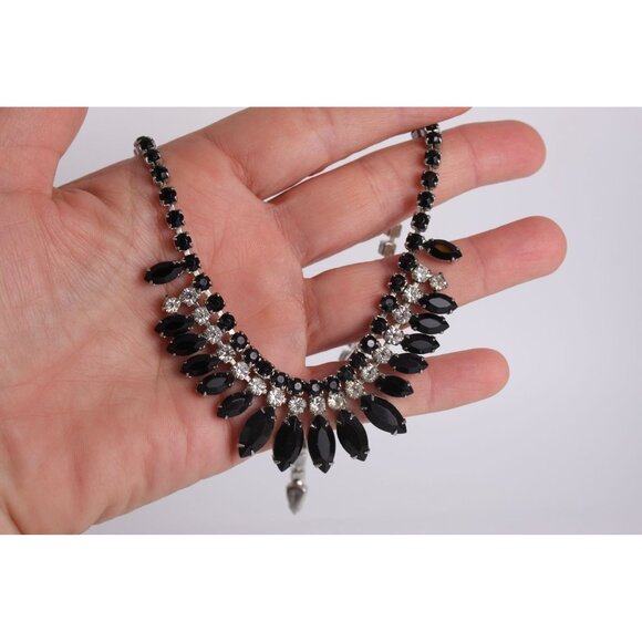 Weiss Rhinestone Necklace, Vintage Black Marquise Fringe, Signed Choker Evening - Picture 12 of 15